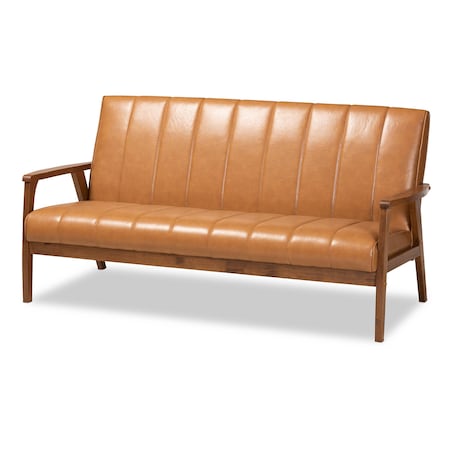 Baxton Studio Nikko Mid-century Modern Tan Faux Leather and Walnut Brown finished Wood Sofa 175-10976-Zoro